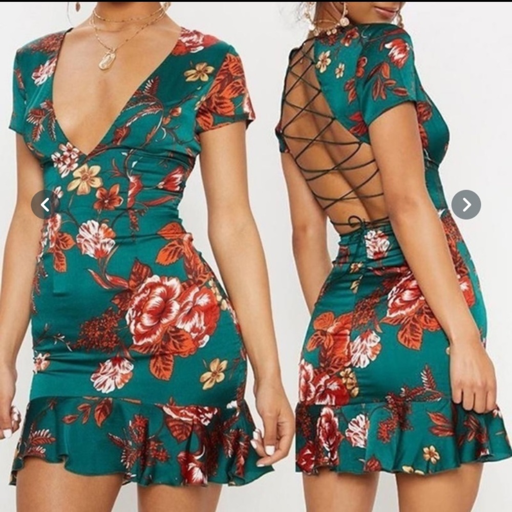 Sexy Deep V-Neck Floral Backless Bodycon Dress